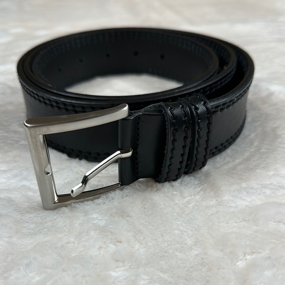NWOT Handmade in Italy Black Leather Belt with Smooth Finish & Silver Buckle 51"